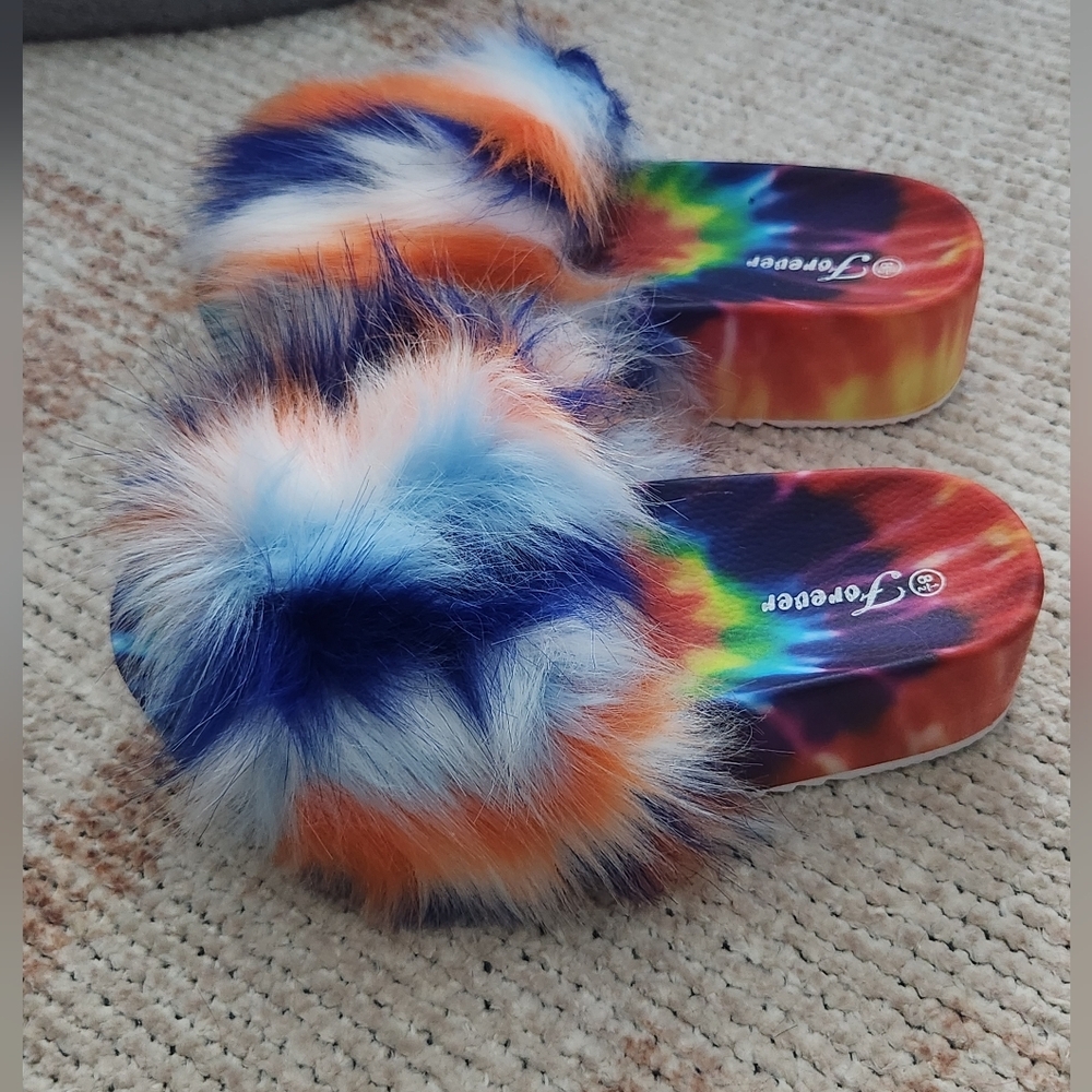 Faux Fur Tie Dye Platform Slides Blue Multi - Picture 9 of 12